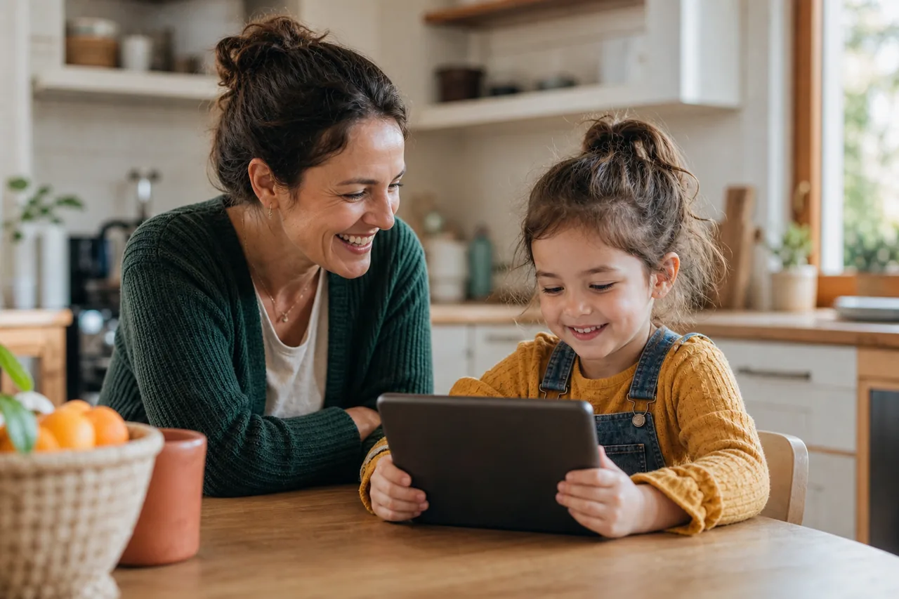 A preschool-age child playing on a tablet beside their supervising parent