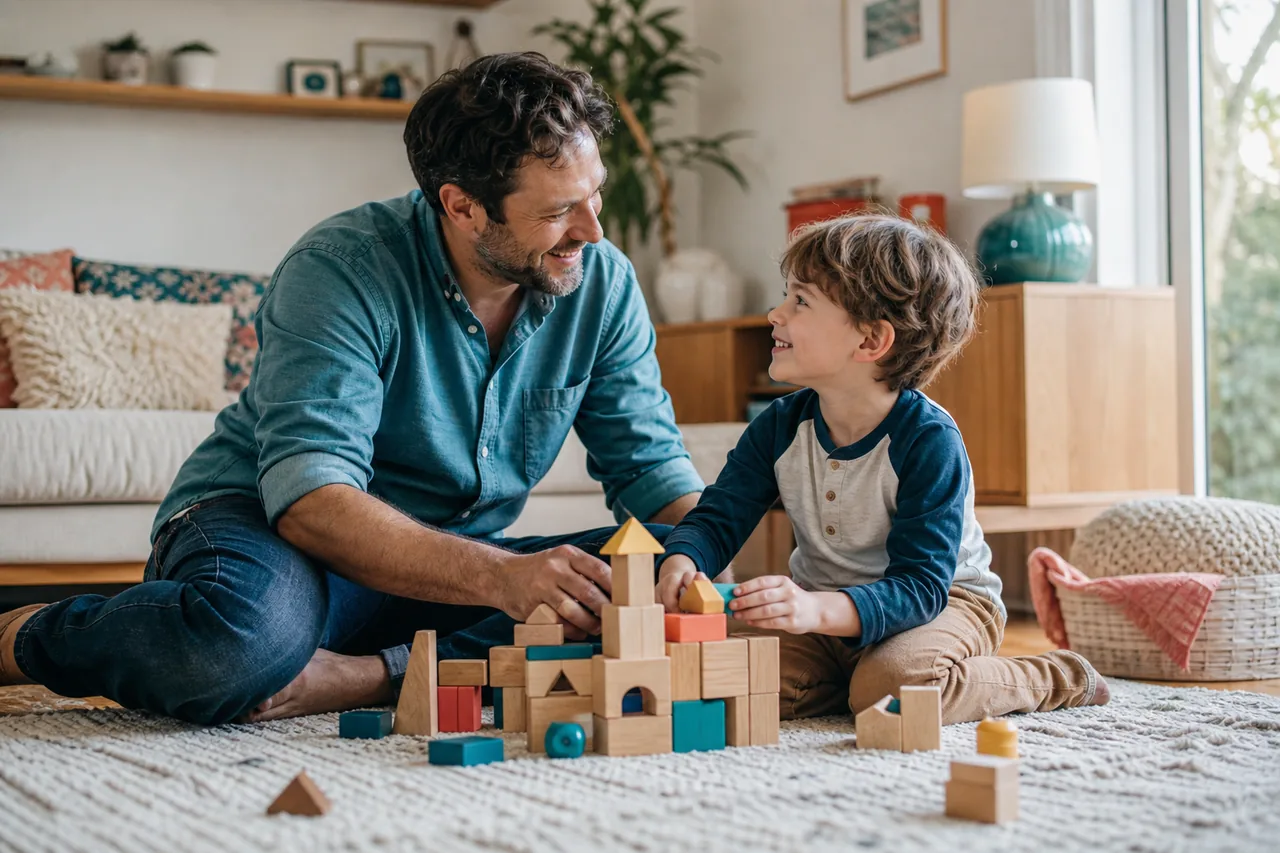A parent and preschool-age child playing together with colorful wooden blocks in a living room