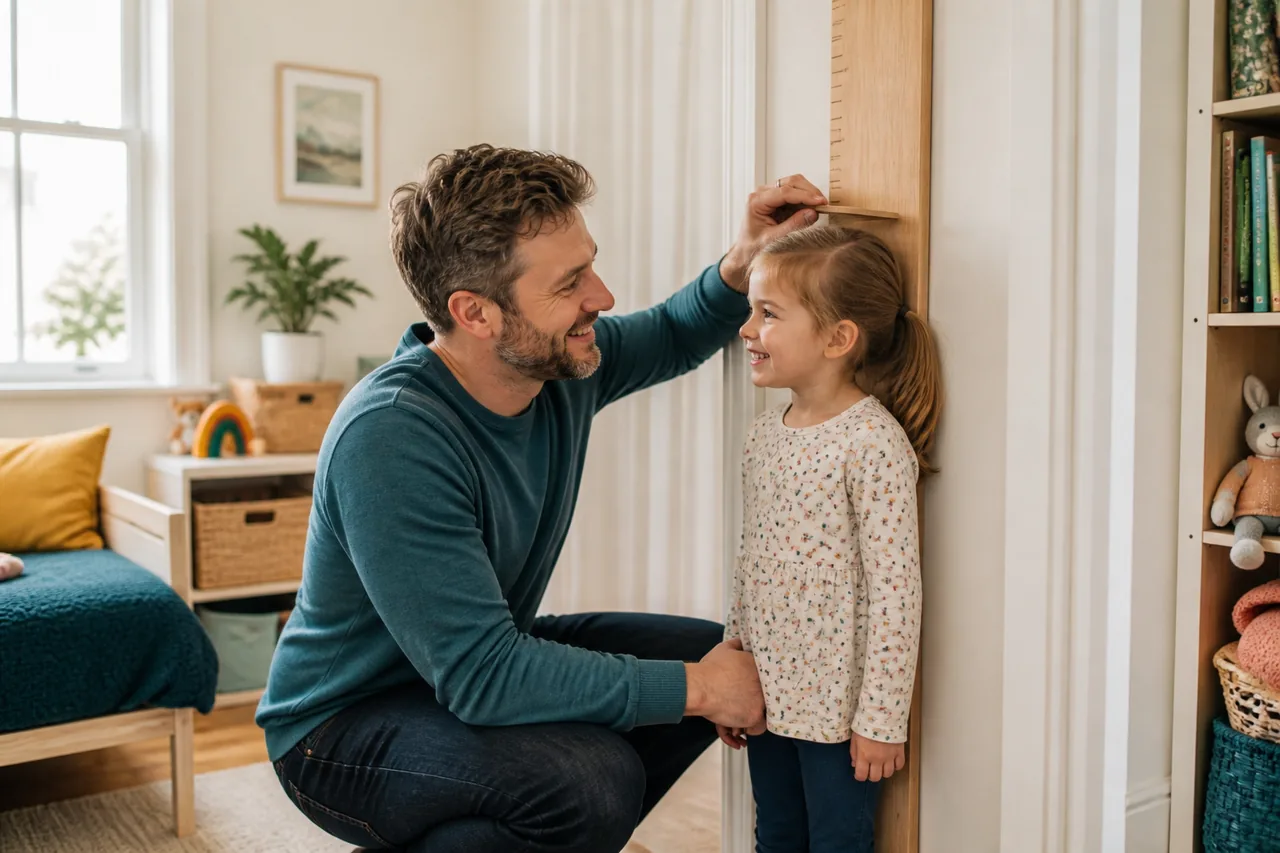 Ein Elternteil misst zu Hause die Körpergröße des Kindes an der Wand
