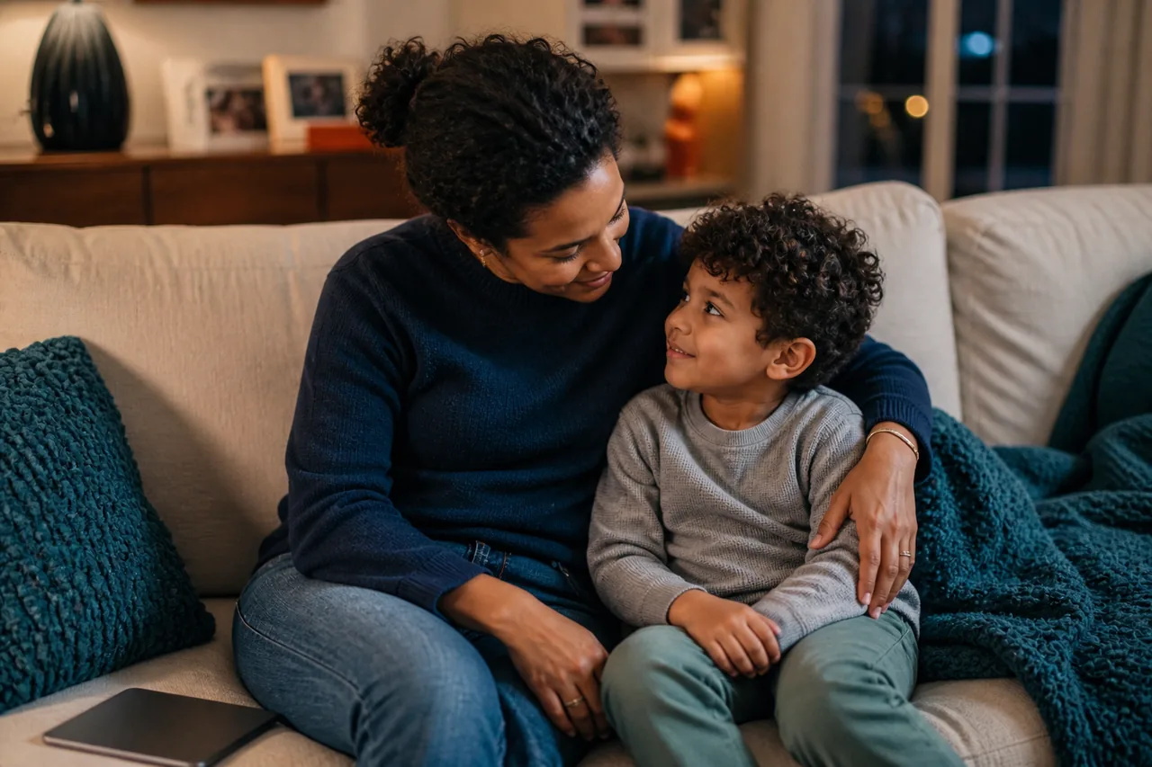 A parent and child sharing a calm moment together on a sofa